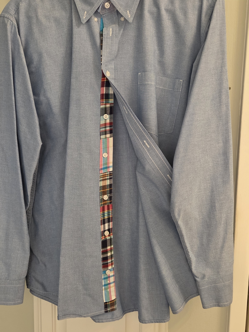 Castaway Light Blue Button-Down Shirt with Plaid Trim